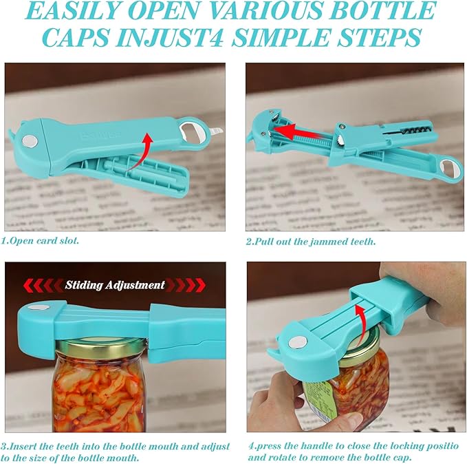 7 in 1 Jar Opener Bottle Opener and Wine Opener for Seniors with Arthritis, Weak Hands, Multi Retractable Magnetic Can Opener, Original Kitchen Lid Opener Tool (Cyan)