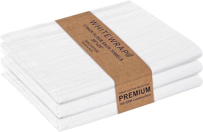 WHITEWRAP Flour Sack Towels| Tea Towel for Crafts| Kitchen Dish Cotton Blank Towel for Embroidery|Baking Bread Proofing Linen Cover| Thick Absorbent Quick Dry| 3 Pack 28"x28" White