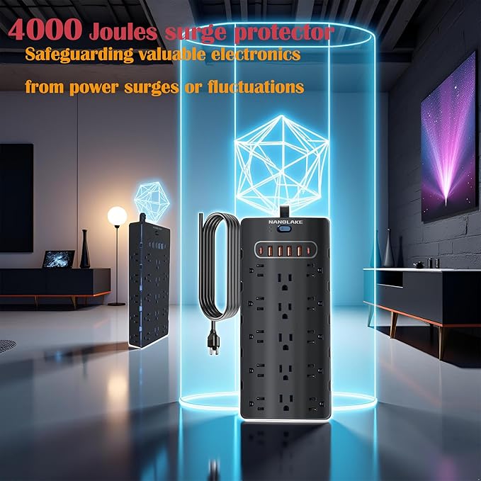 20 Amp Power Strip Surge Protector,Heavy Duty 12 Gauge 6.5 ft Extension Cord,25 AC Outlets,6 Fast USB Ports,4000 Joules,2500W/125V,Office Workshop Household Garage Black,Insurance Coverage.