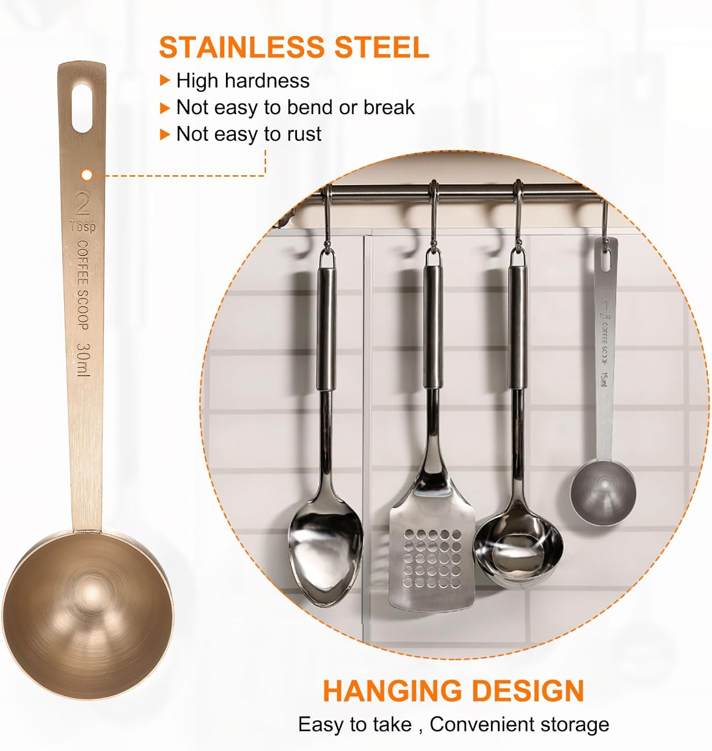 HARFINGTON 2pcs Coffee Scoop Spoon 2tbsp (6tsp, 30ml) 304 Stainless Steel Long Handle Teaspoon/Tablespoon Measuring Spoons Scoops for Tea Sugar Kitchen, Rose Gold