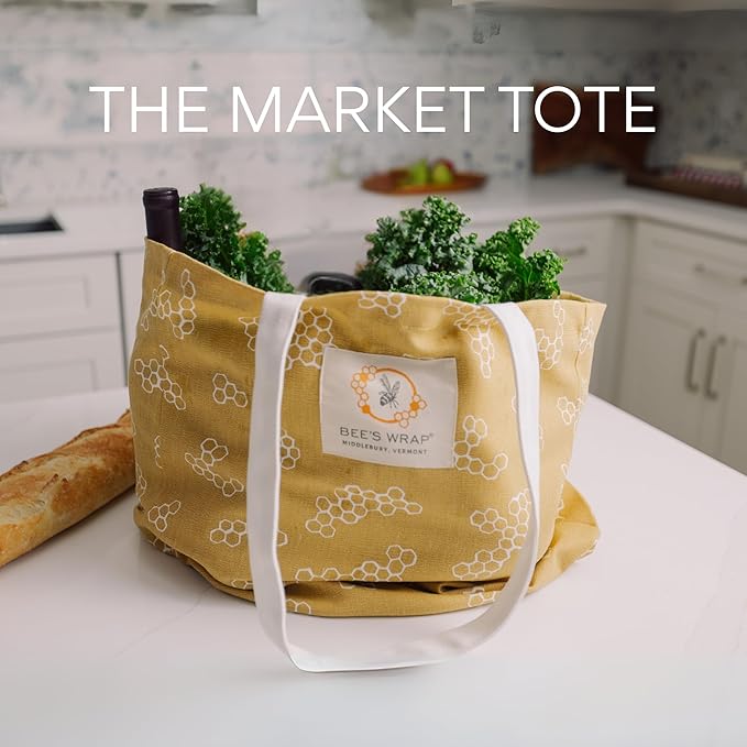 Bee's Wrap Market Tote Bag (Pack of 2) - Organic Cotton - Extra Large Reusable Grocery Bags - Tote Bags with Pockets and Straps - Yellow Honeycomb Pattern