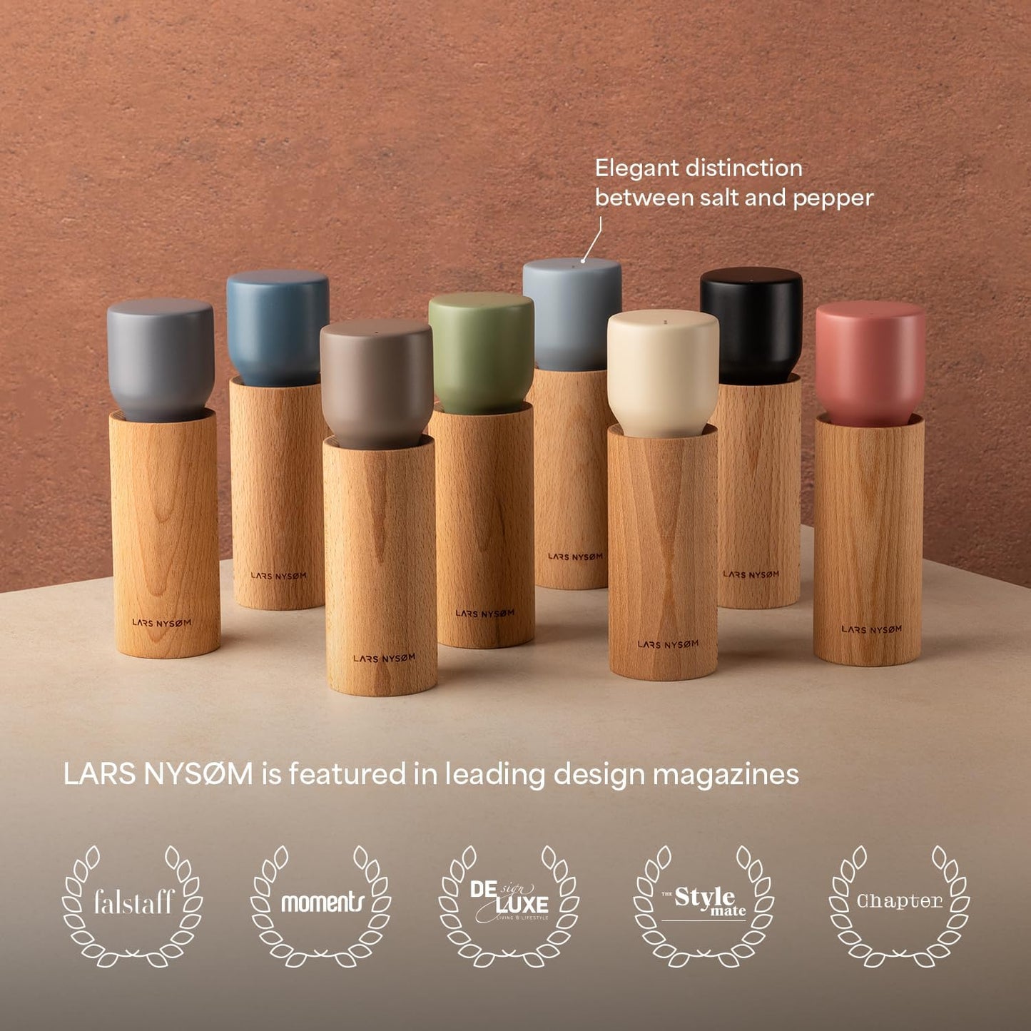 LARS NYSØM Wooden Salt and Pepper Grinder Set Manual with Tray - Salt and Pepper Mills with Adjustable Ceramic Grinder - Elegant Beechwood Pepper and Salt Mill Set for Dining Table (Taupe Brown)