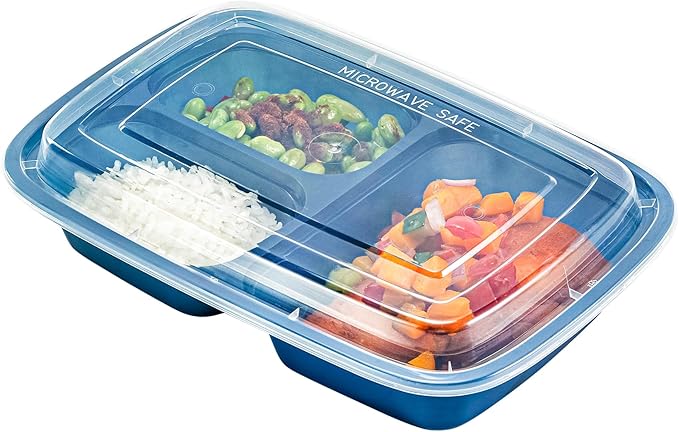 Restaurantware Asporto 26 Ounce Compartment Take Out Boxes, 100 Microwavable Meal Prep Containers - 3 Compartments, With Clear Plastic Lids, Midnight Blue Plastic Food Containers, Do Not Contain BPA