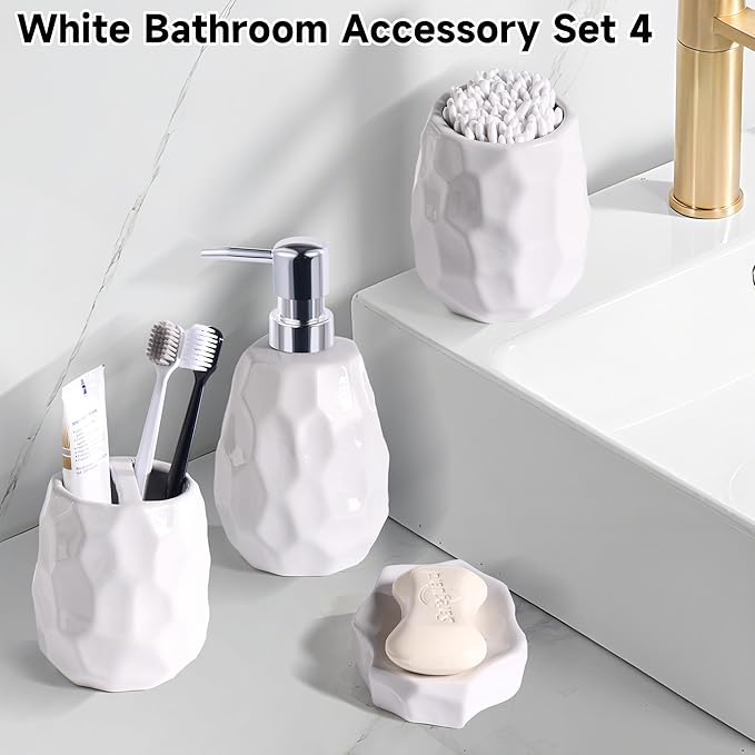 Ceramic Bathroom Accessories Set 4 PCS,Modern Bathroom Accessory Set,Include Toothbrush Holder,Soap Dispenser, Tumbler,Vanity Tray,Bathroom Sets Decor Organizer with Soap Dish,Apothecary Jar (White)