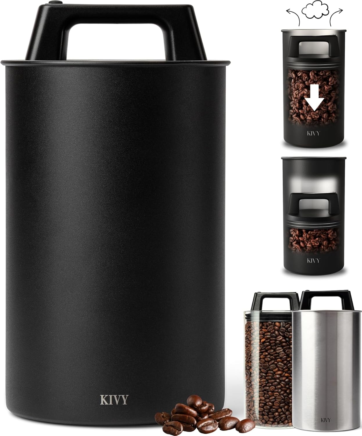 KIVY Vacuum Coffee Canister (Large) - Push Lid Preserves Aroma & Oil - Stainless Steel Airtight Canister - Container for Ground & Coffee Bean Storage - Removes Excess Air