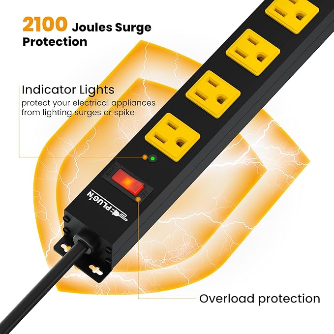 12 Outlet Long Power Strip, 3FT Power Cord, 2100 Joules Surge Protector, Wide Spaced Outlet Power Bar, Overload Protection Switch, Industrial Heavy Duty for Work Bench, Shop, Garage