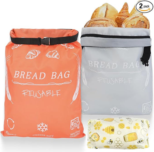 Bread Bags for Homemade with Beeswax Wrap - Zipper Reusable Bread Bag for Sourdough 2-Pack, Homesteading Essentials Sourdough Bags with Sealing Zip to Keep Fresh, Freezer-Safe, Eco-Friendly