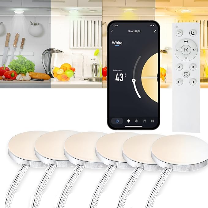 6 PCS Aluminum Puck WiFi White Color Temperature Adjustment Under Cabinet Lights Kit Work with Alexa,Google Assistant,App and RF Remote, with Timmer Dimmable Under Counter Lights for Kitchen Bedroom