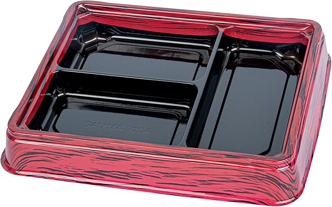Restaurantware-Bento Tek 16.1 Ounce Meal Prep Containers, 50 Disposable To Go Food Boxes - Lids Sold Separately, 3 Compartments, Red And Black Plastic Bento Lunch Boxes, Freezable, For Take Out