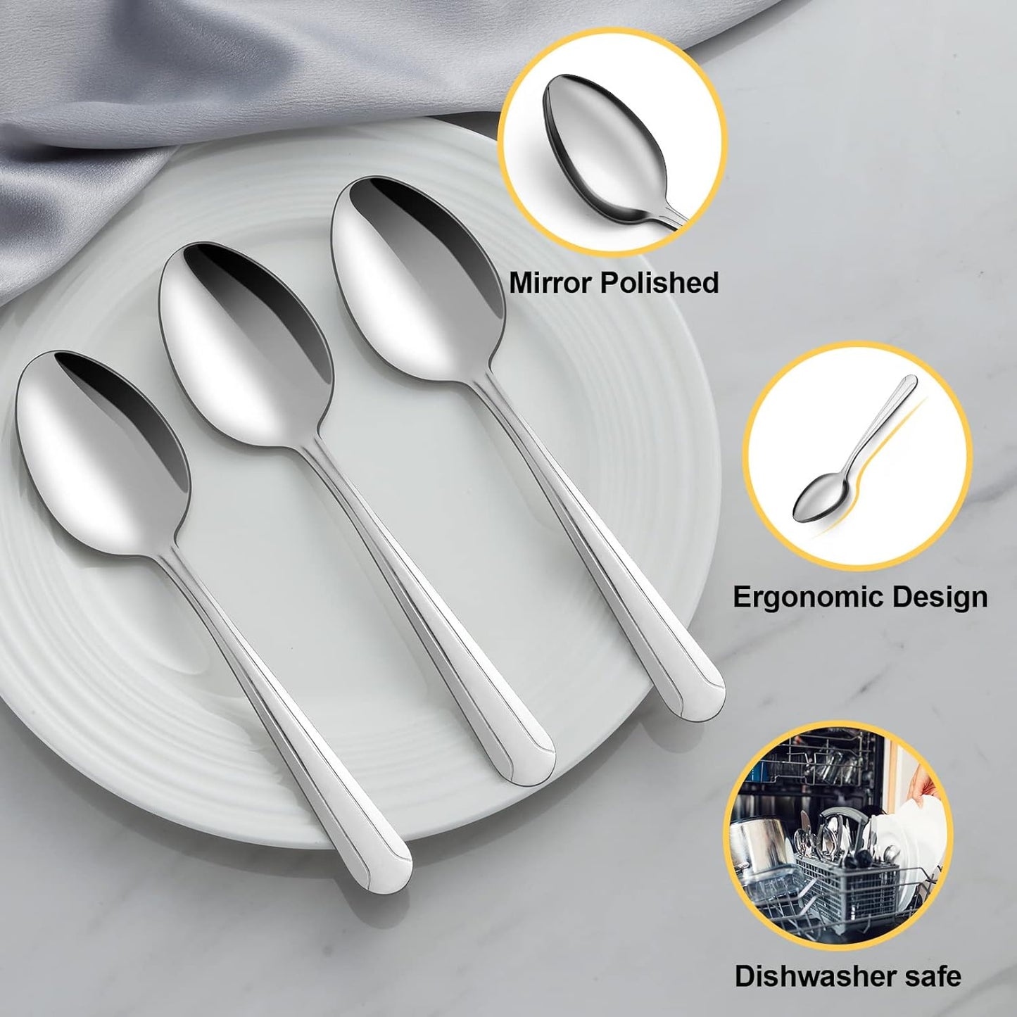 BEWOS 24 Pieces Spoons Set, 7.5 Inchs Spoons Silverware, Stainless Steel Spoons, Dinner Spoons, Mirror Polished Tablespoons, Dishwasher Safe, Silver Spoons for Home, Restaurant