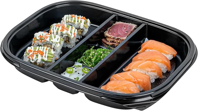 Restaurantware-Bento Tek 50.7 Ounce Meal Prep Containers, 50 Disposable To Go Food Boxes - Lids Sold Separately, 5 Compartments, Black Plastic Bento Lunch Boxes, Freezable, For Take Out