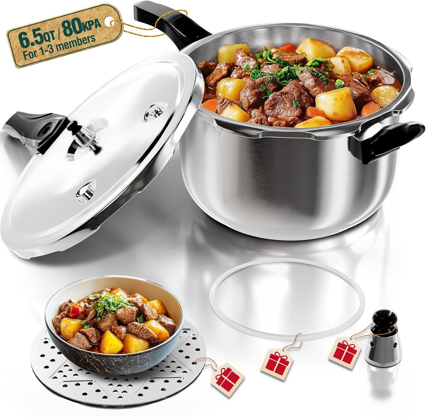 WantJoin Pressure Cooker Stainless Steel 6.5 Qt, Commercial Stove Top Pressure Cooker Pot Used for Pressure Foodie or Steaming, Compatible with Gas & Induction Cooker