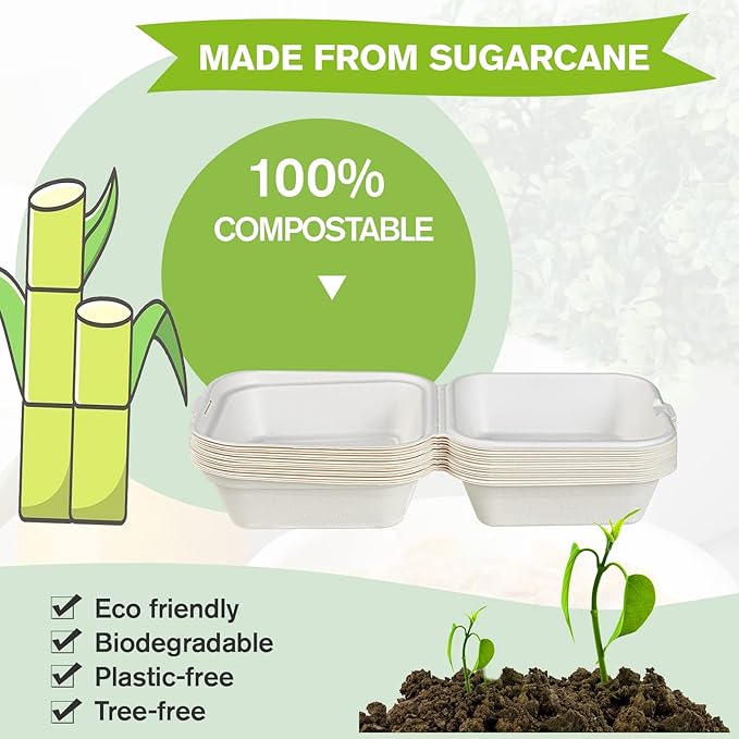 ECOLipak 200 Pack Clamshell Take Out Food Containers, 100% Compostable Disposable To Go Containers，6 * 6 inch To Go Boxes for Salad, Cake,Sandwiches
