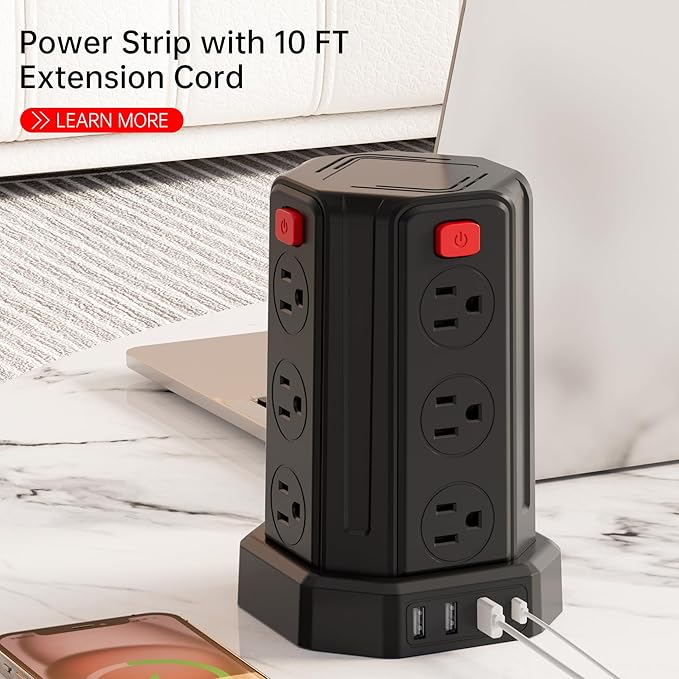Power Strip Surge Protector, 10 Ft Extension Cord with 12 AC Multiple Outlets 4 USB (1 USB C), SMALLRT Power Tower Desktop Charging Station (Black, 10 FT)