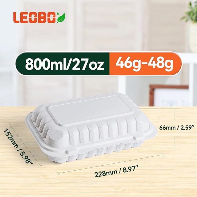 Plastic Containers Mineral Filled PP 9x6 - Shrink Wrap 50 Pack 27oz BPA Free Takeout Box | Freezer Microwave & Dishwasher Safe | Reusable & Disposable Container for To Go Bulk Catering | White