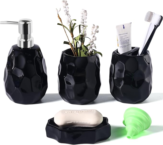 Ceramic Bathroom Accessories Set 4 PCS,Modern Bathroom Accessory Set,Include Toothbrush Holder,Soap Dispenser, Vanity Tray,Tumbler,Bathroom Sets Decor Organizer with Soap Dish,Apothecary Jar (Black)