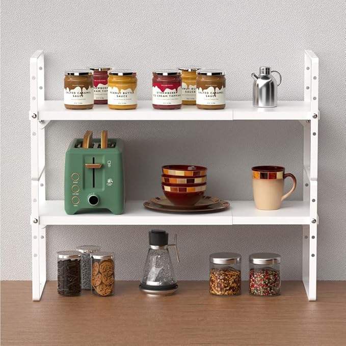 SANNO Expandable Kitchen Shelf Organizers,Cupboard Organizer Rack Space Riser Countertop Kitchen Pantry Cupboard Countertop Shelf Organizers, White, 2 Pack