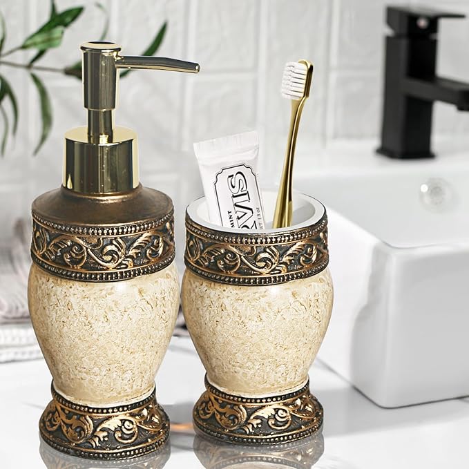 Bathroom Decor Accessories Set,4 PCS Including Soap Dispenser, Toothbrush Holder, Tumbler and Soap Dish, Bronze