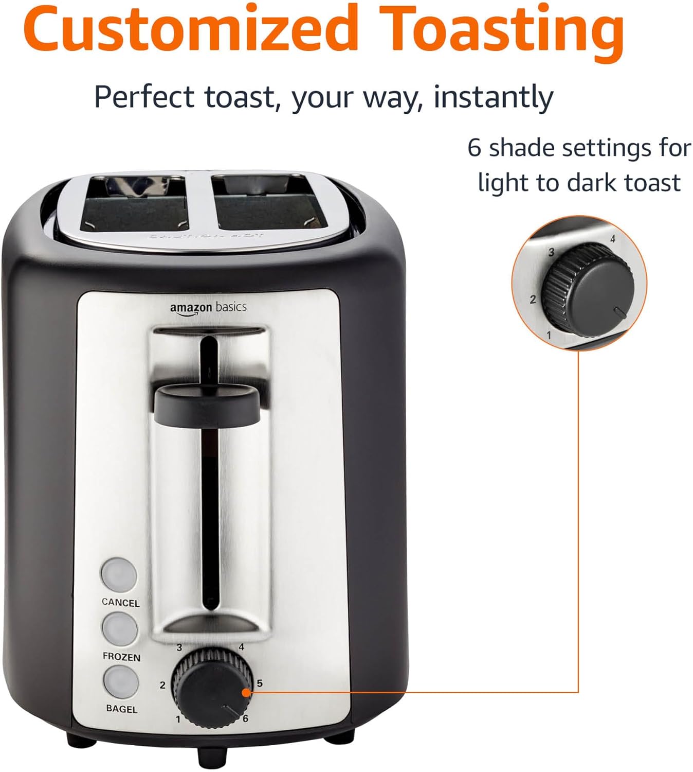 Amazon Basics 2 Slice Toaster, With 6 Browning Settings, Extra Wide Slots For Bagels and Special Breads, Removable Easy-to-Clean Crumb Tray, Cancel/Defrost/Bagel Buttons, 900W, Black & Silver