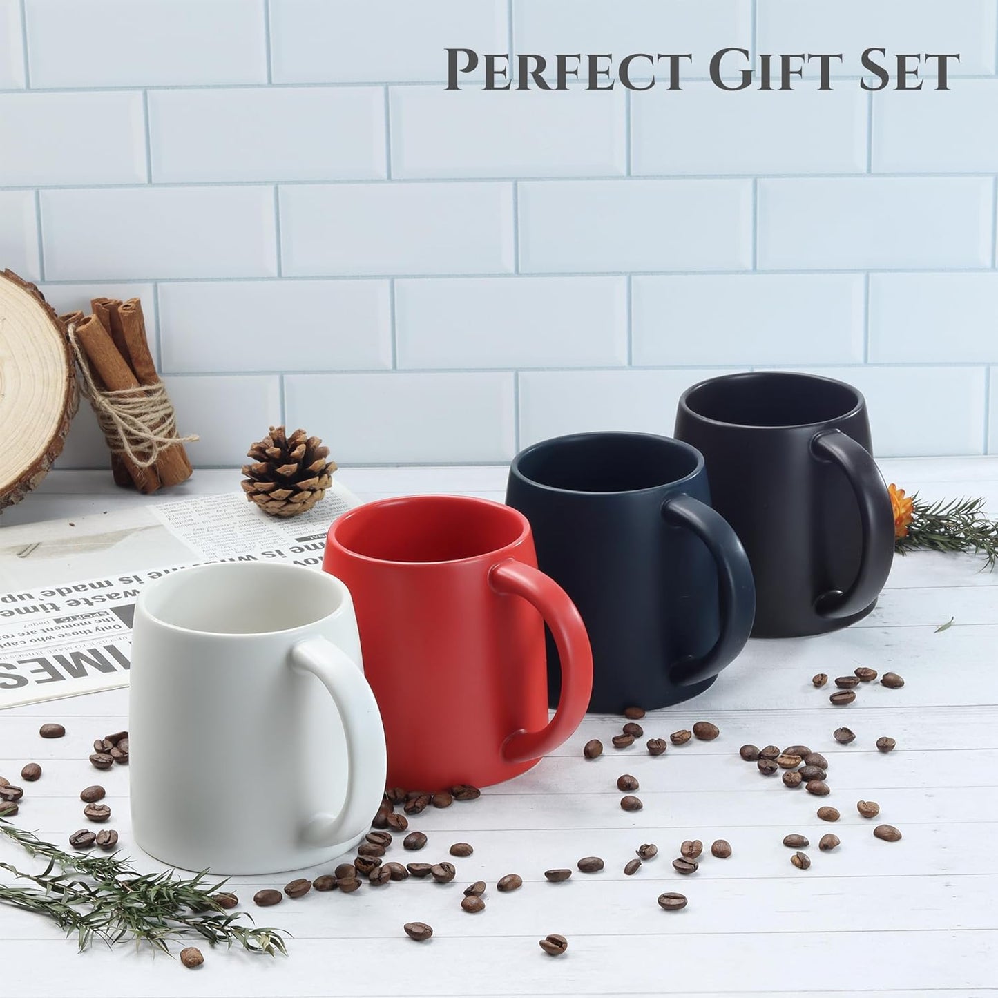 Classic Mug, 14 oz Large Coffee Mug with Handle, Ceramic Porcelain Tea Cup, Smooth Matte (Sliding Lid, Set of 2, White and Black)