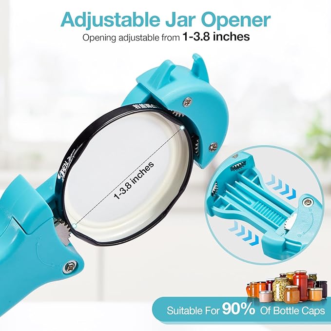 Jar Opener Bottle Opener and Lid Opener for Seniors with Arthritis, Weak Hands, Multi 7 in 1 Retractable Magnetic Can Opener, Original Kitchen Wine Opener Gadgets (Cyan)