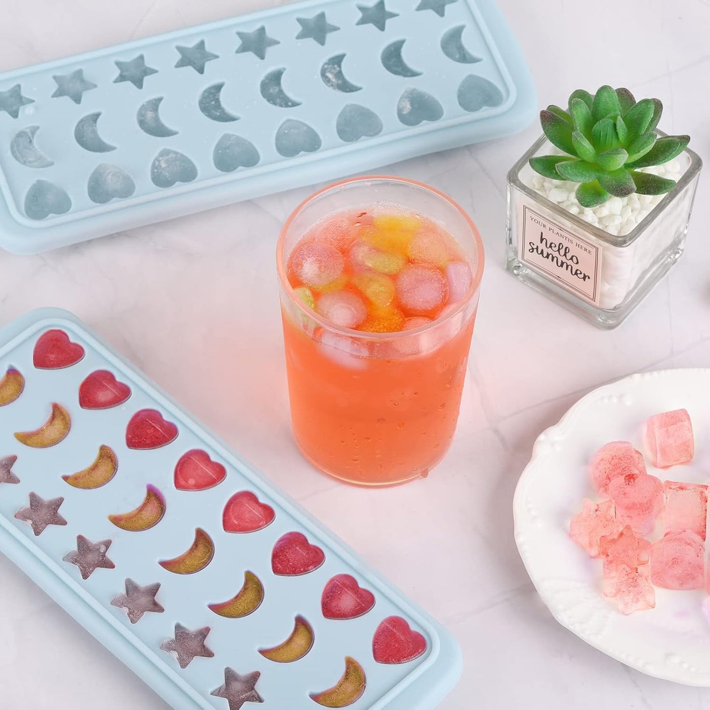Moon Stars and Heart Ice Cube Tray Silicone Molds with Liquid Dropper，Easy Release Ice Trays with Lid, 24 Cavity Heart Mold for Ice Cubes, Gelatine, Chocolate, Baking and Candy