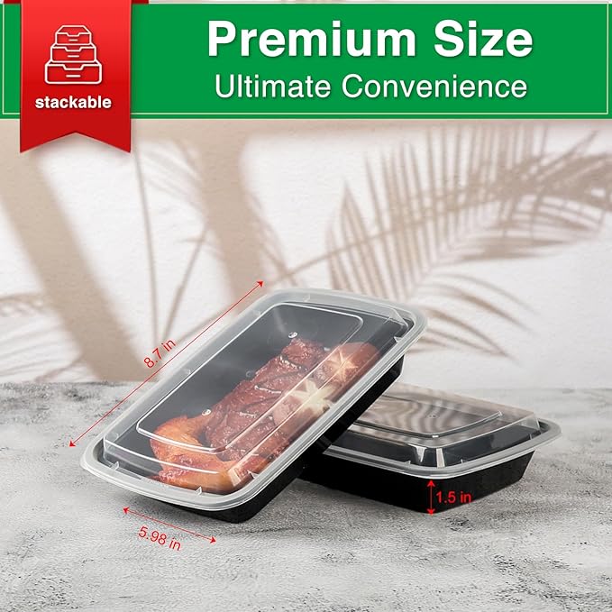 Meal Prep Containers Reusable 50 Pack-27 oz Food Storage Containers with Lids To Go Food Container Takeout, Microwave Dishwasher Freezer Safe, BPA Free, Plastic Containers (Black, Square)