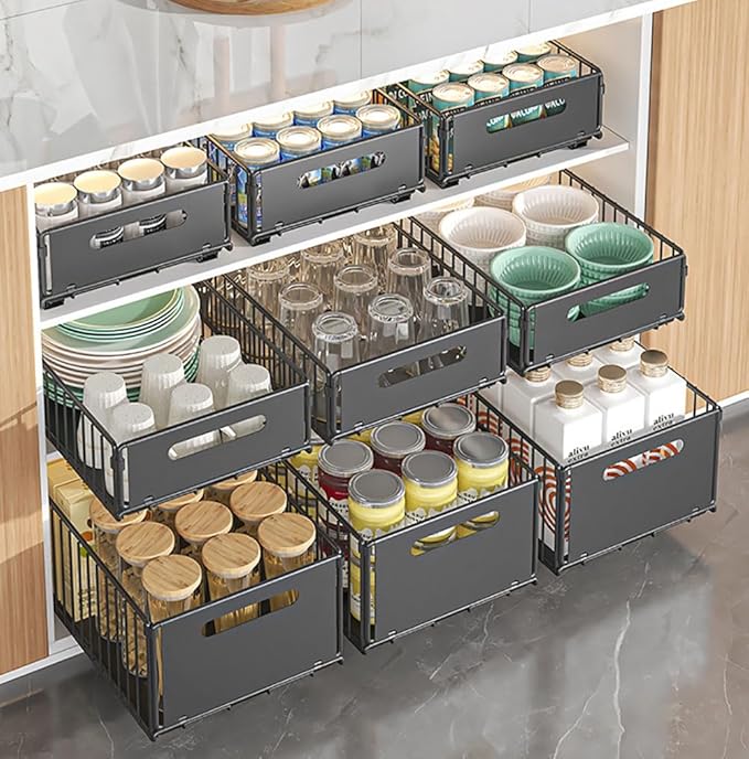 Pull Out Cabinet Organizer Slide Out Drawer Storage Shelves Cupboard Organiser Sliding Cabinet Basket for Kitchen No Drilling and Nailing (Black, 1Piece 9.8" W X15 D X 7.5" H)