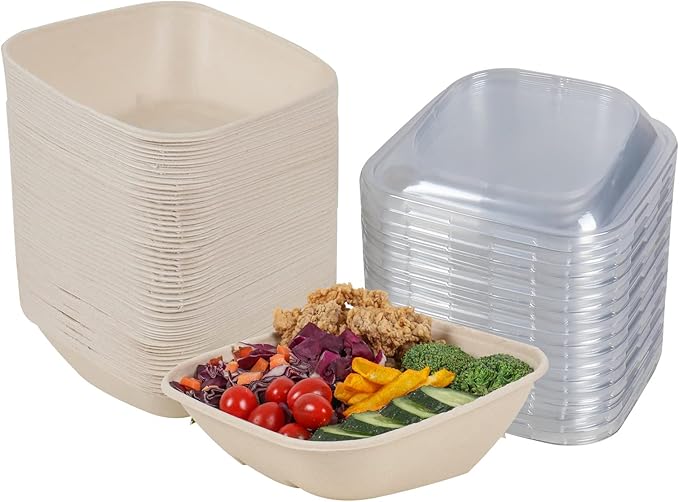 30 oz Disposable salad bowls with lids, Sugarcane Fiber Paper Bowls take away Bagasse food containers meal prep deli container 50 Pack