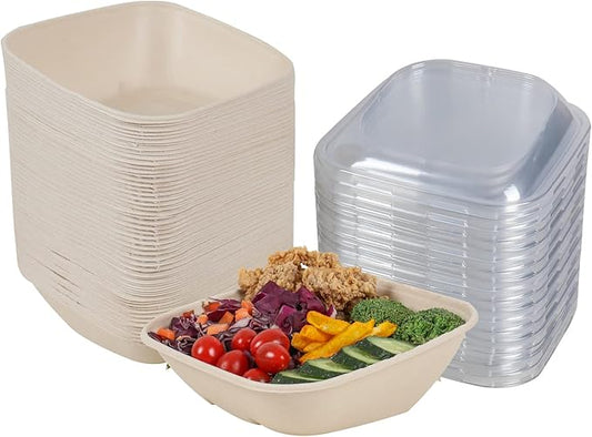 30 oz Disposable salad bowls with lids, Sugarcane Fiber Paper Bowls take away Bagasse food containers meal prep deli container 50 Pack