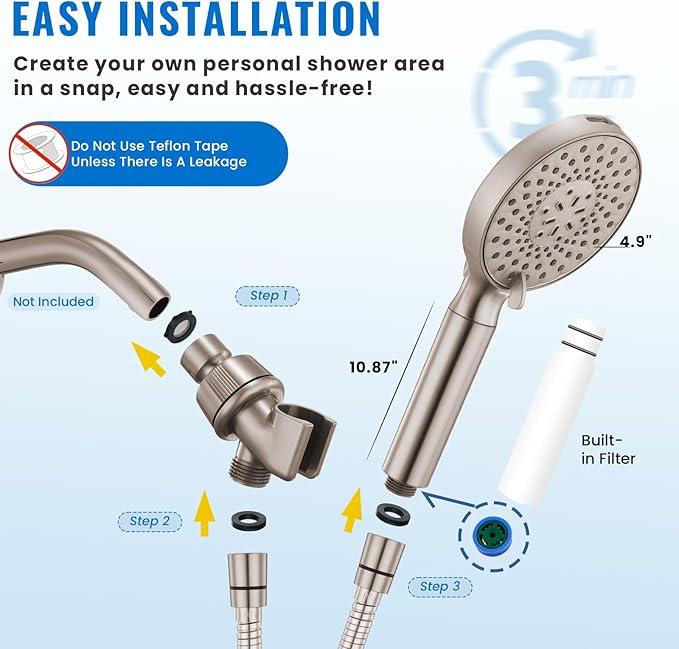 Ryamen Filtered Shower Head with Handheld, High Pressure 9-Spray Modes Detachable Shower Head with Filter for Hard Water-Remove Chlorine & Impurities, Improve Skin & Hair Health, Brushed Nickel