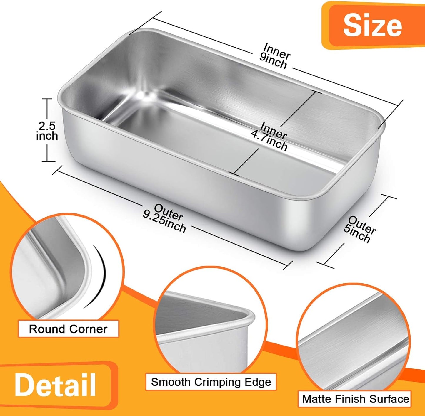 E-far Loaf Pan for Baking Bread, 9 x 5 Inch Stainless Steel Baking Loaf Pan, Metal Bakeware for Bread Meatloaf Cake Brownies, Healthy & Non Toxic, Brushed Finish & Easy Release, Oven & Dishwasher Safe