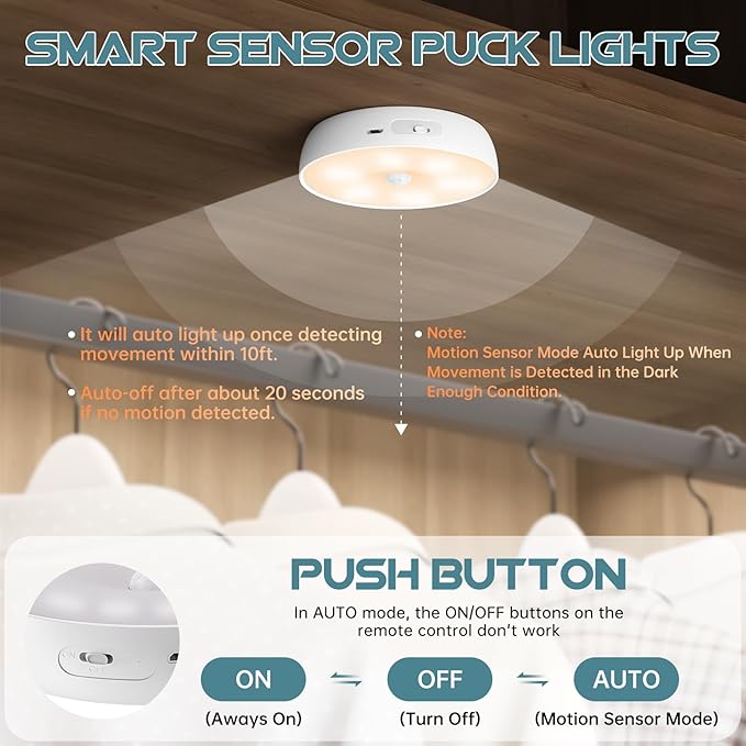 Wireless Motion Sensor Puck Step Lights with Charging Station, 3 Colors USB Rechargeable LED Closet Light with Remote, Dimmable Under Cabinet Lighting with Remote Control, Stick-on Lights (4 Pack)