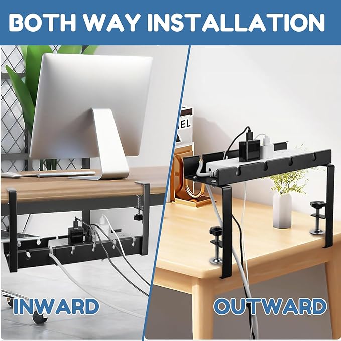 Extendable Under Desk Cable Management Tray | No Drill Adjustable Height Standing Desk Wire Organizer with Screw Mount Clamp & 2 Pcs Cable Sleeves | Under Table Cord Management with Tools, Accessories