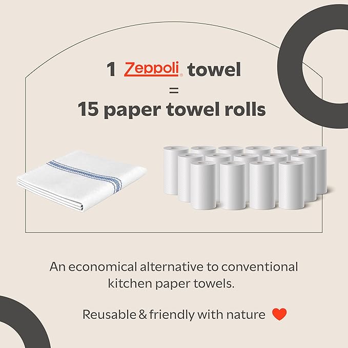 Zeppoli Classic Kitchen Towels - 30 Pack 100% Natural Cotton Towel Set, Reusable Wash Cloths, Absorbent Dish Towels, Machine Washable Hand Towels, Kitchen Essentials - 14” by 25”, Blue Striped