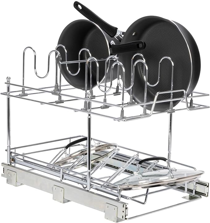 Household Essentials Glidez Multipurpose Chrome-Plated Steel Pull-Out/Slide-Out Basket Storage Organizer for Pots and Lids - 2-Tier Dual-Slide Design - Fits Standard Size Cabinet or Shelf, Chrome