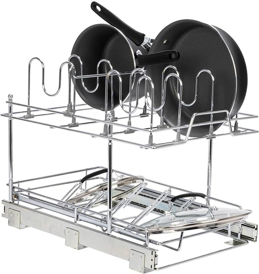 Household Essentials Glidez Multipurpose Chrome-Plated Steel Pull-Out/Slide-Out Basket Storage Organizer for Pots and Lids - 2-Tier Dual-Slide Design - Fits Standard Size Cabinet or Shelf, Chrome