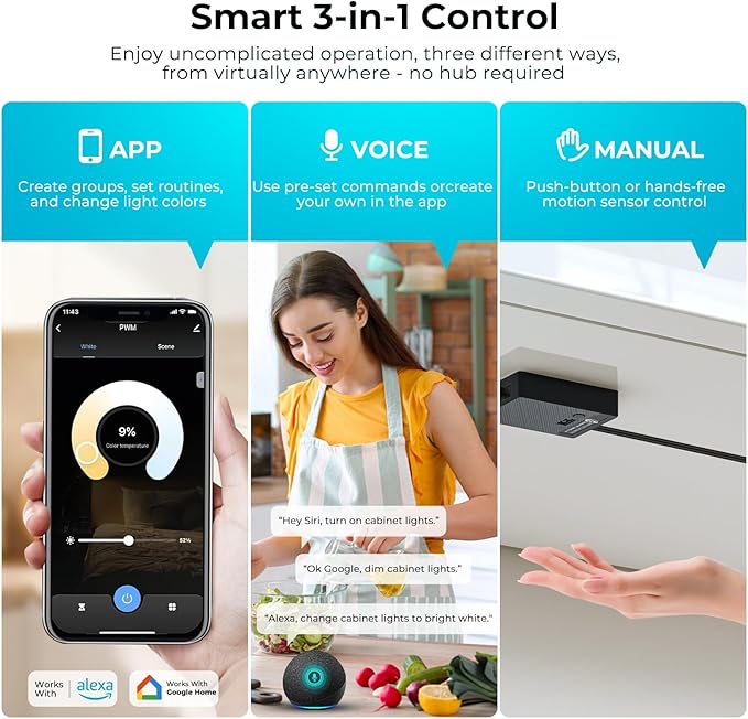 VST Smart Under Cabinet Lighting Work with Alexa Google Home Assistant App Remote Control, Recessed or Surface Mount 12V 2W/pc Puck Light for Kitchen Under Counter, Display Case, 10Pack 3000K~6000K.