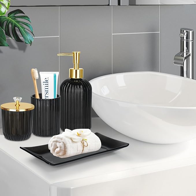 Haturi Bathroom Accessories Set, 4Pcs Black Glass Bathroom Accessories Sets Complete w/Lotion Soap Dispenser, Toothbrush Holder, Apothecary Jar, Vanity Tray, Bathroom Decor, Gift for Home Apartment