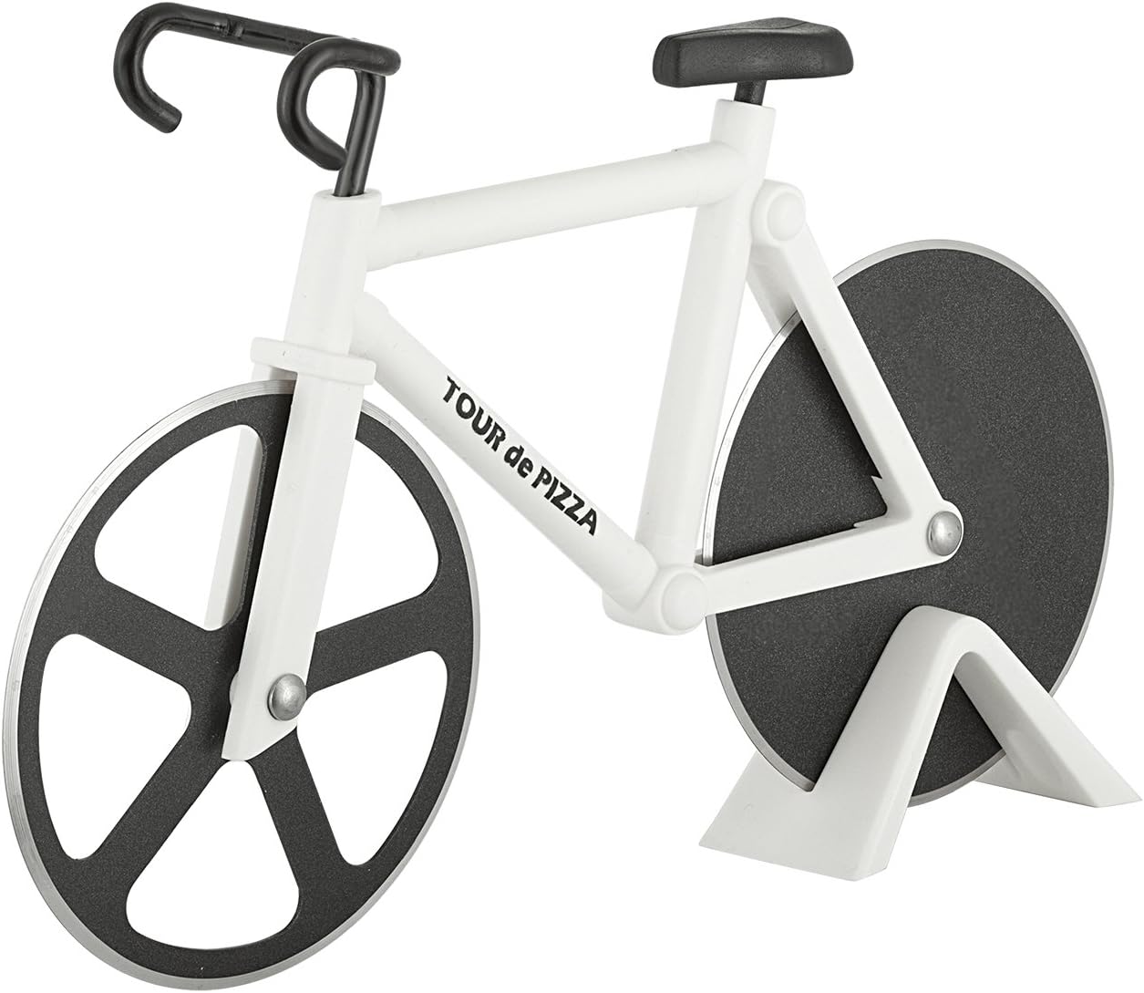 Bicycle Pizza Cutter - TOUR de PIZZA - Dual Stainless Steel Non-Stick Cutting Wheels - Display Stand - The Bike Pizza Cutter is Dishwasher Safe