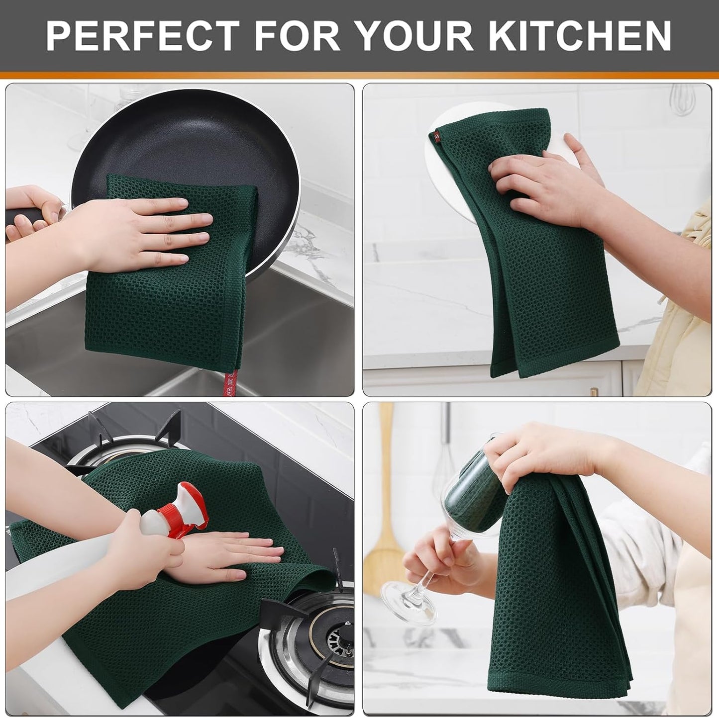 Kitinjoy 100% Cotton Waffle Weave Kitchen Towels, 6-Pack Super Soft and Absorbent Dish Towels for Drying Dishes, Kitchen Hand Towels, 13 in x 28 in, Blackish Green