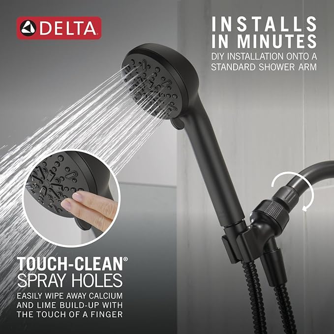 Delta Faucet 4-Spray Handheld Shower Head, Black Shower Head with Hose, Showerheads & Handheld Showers, Handheld Shower Heads, Detachable Shower Head, Hand Shower 2.5 GPM, Matte Black 75413DBL