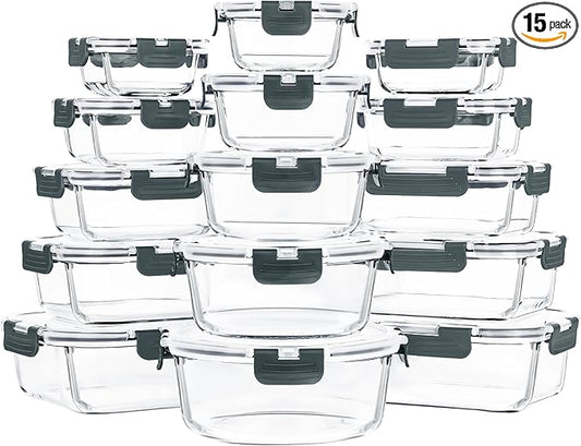 Skroam 15 Pack Glass Food Storage Containers with Lids Airtight, Glass Meal Prep Containers, Lunch Containers with Lids for Microwave, Oven, Freezer and Dishwasher Safe