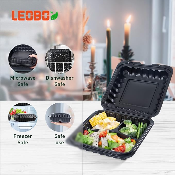 Takeout Container Mineral Filled PP Plastic - 7.8 Inch 30oz 65 Pack BPA Free 3 Compartments Shrink Wrap Bento Box | Freezer & Microwave Safe for Picnic | Black Reusable & Disposable Containers