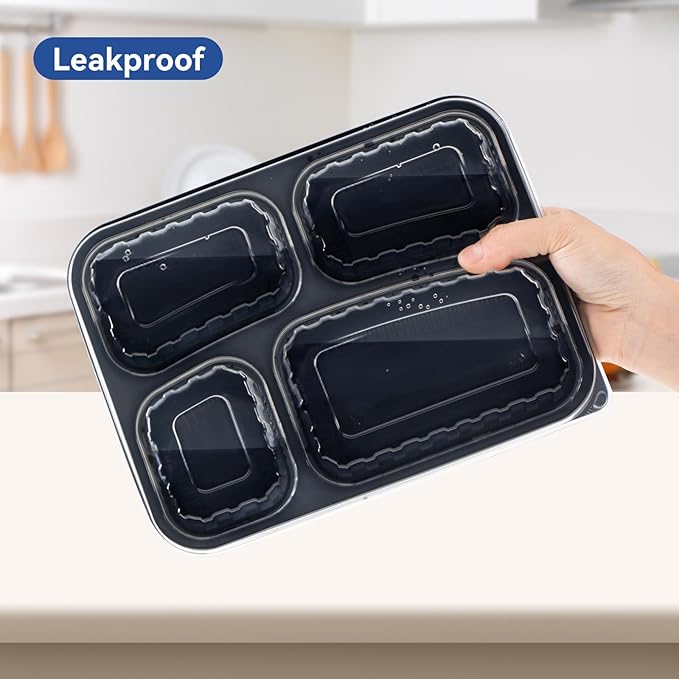 To Go Containers 34 oz 40 Pack - Shrink Wrap 4 Compartment BPA Free PP Plastic Reusable Leakproof | Microwave & Freezer & dishwasher Safe Meal Prep | Black Commercial Catering Food Container