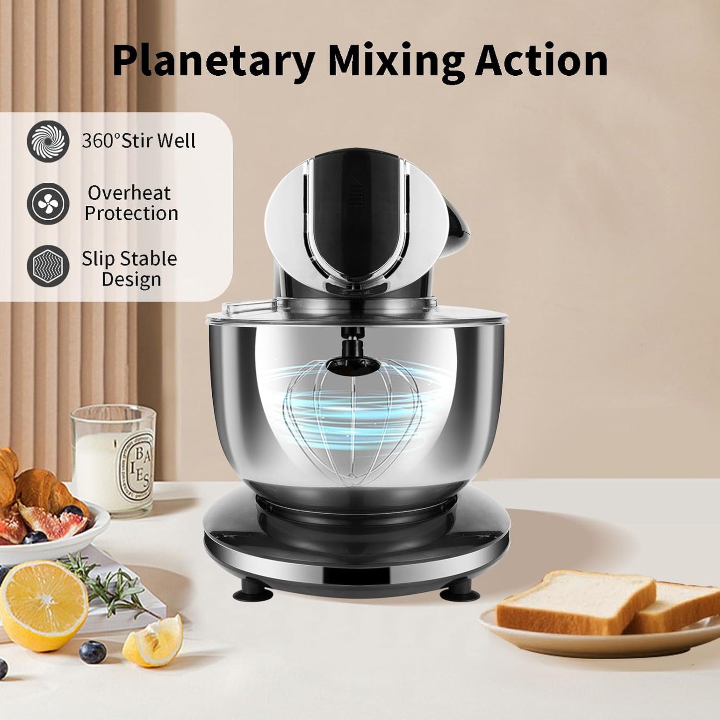 Aifeel Stand Mixer, 8.5QT+ 6QT Two Stainless Steel Bowls Electric Food Mixer, 7 in 1 Multifunctional Kitchen Mixer with Dough Hook, Whisk, Beater, Meat Grinder,Pasta & Cookie Maker-Black