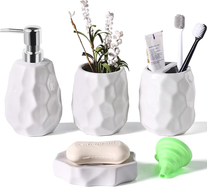 Ceramic Bathroom Accessories Set 4 PCS,Modern Bathroom Accessory Set,Include Toothbrush Holder,Soap Dispenser, Tumbler,Vanity Tray,Bathroom Sets Decor Organizer with Soap Dish,Apothecary Jar (White)