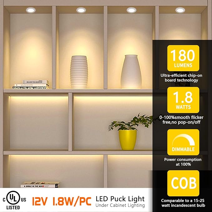 VST Under Cabinet Lights CCT 3000K-6000K, Puck Lights Color Temperature and Brightness Adjustable with Touch Switch and ETL Listed Led Driver, Plug in Led Light for Kitchen Under Cabinet Wardrobe