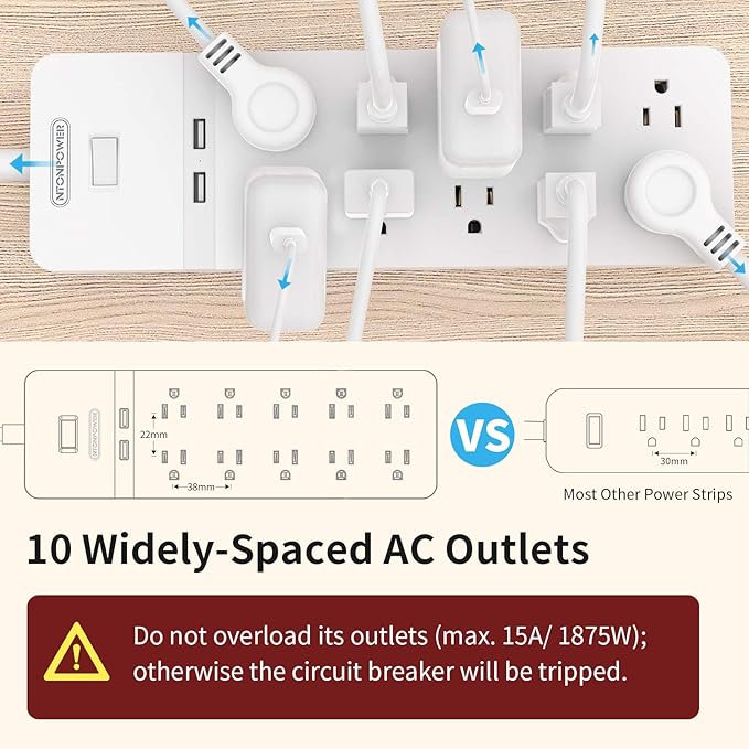 25 Ft Extension Cord ETL, NTONPOWER 2100J Surge Protector Power Strip with 10 AC Spaced Outlets 2 USB Ports, 1875W/15A Overload Protection, Wall Mountable for Indoor, Home, Office or Garage, White