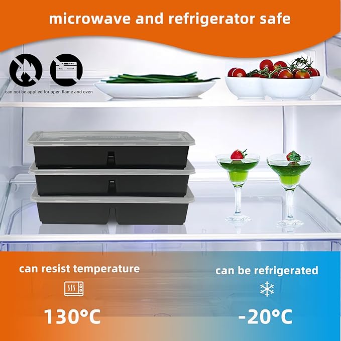 Disposable Food Storage Containers with Lids Meal Prep 2-Compartment To Go Take Out Plastic Black, Sturdy Leakproof Food Safe, Microwave Freezer Dishwasher Safe (25, 2 compartment)